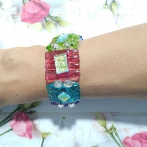 Multicolor Murano Glass Rainbow Cube Beaded Bracelet Toggle Closure